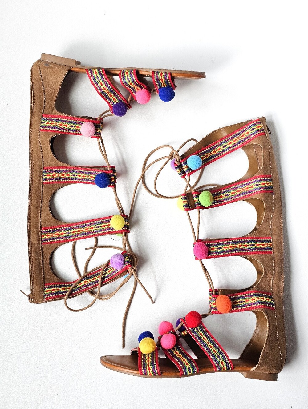 Bamboo Boho Pom Pom Gladiator Sandals Size 7 Lace Up Festival Tribal